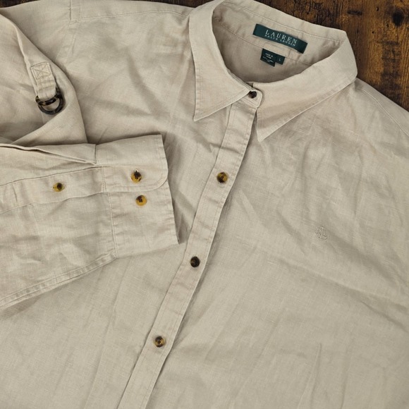 Lauren Ralph Lauren Womens 100% Linen Button Up Roll Tab Sleeve Tan Safari Sz L - Picture 1 of 8